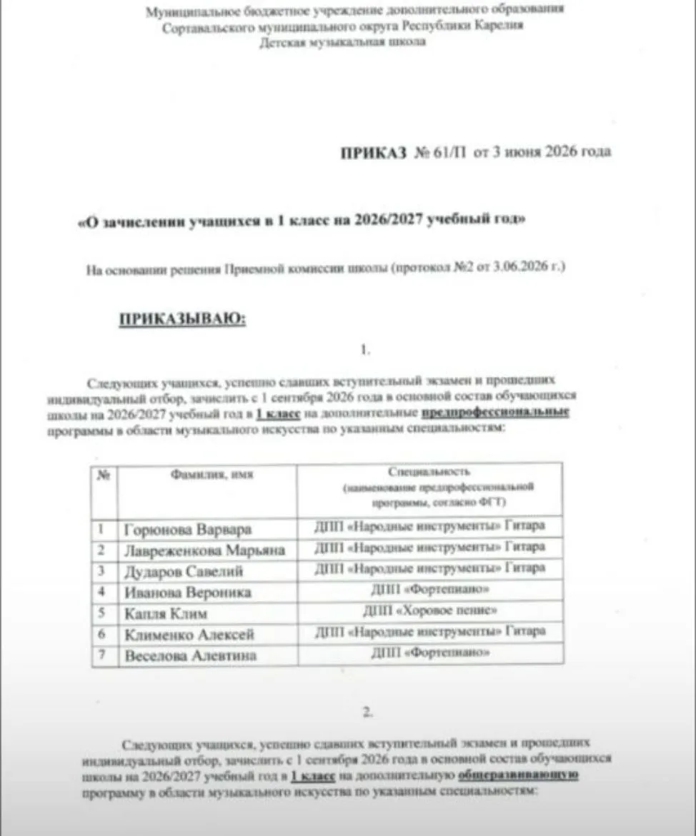 ПРИКАЗ № 61П от 03 июня 2026 года
«О зачислении учащихся в 1 класс на 2026/2027 учебный год» (вступи