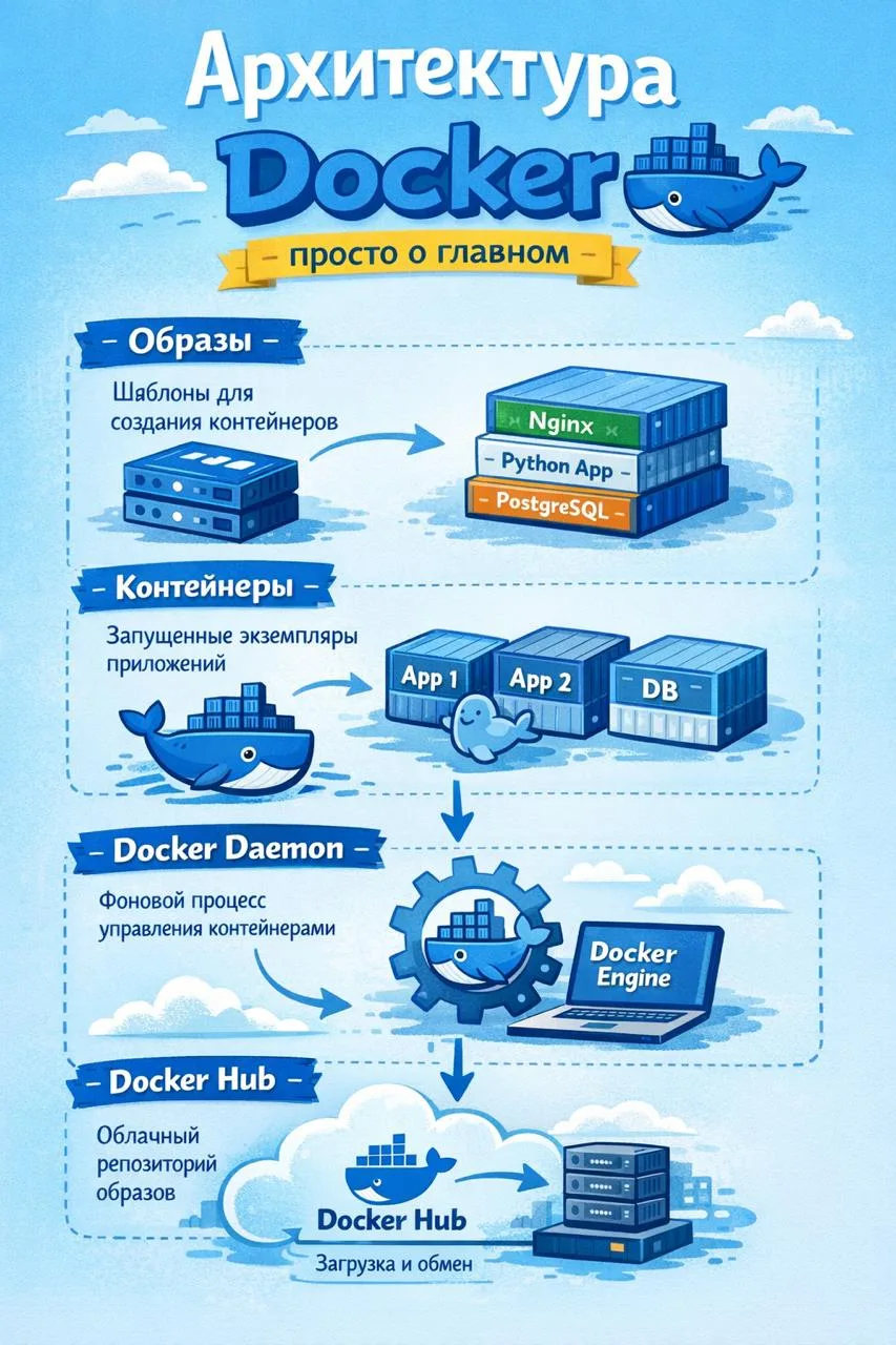Архитектура Docker, если убрать лишнее, выглядит очень просто:
Есть образ (image) - это слепок прило