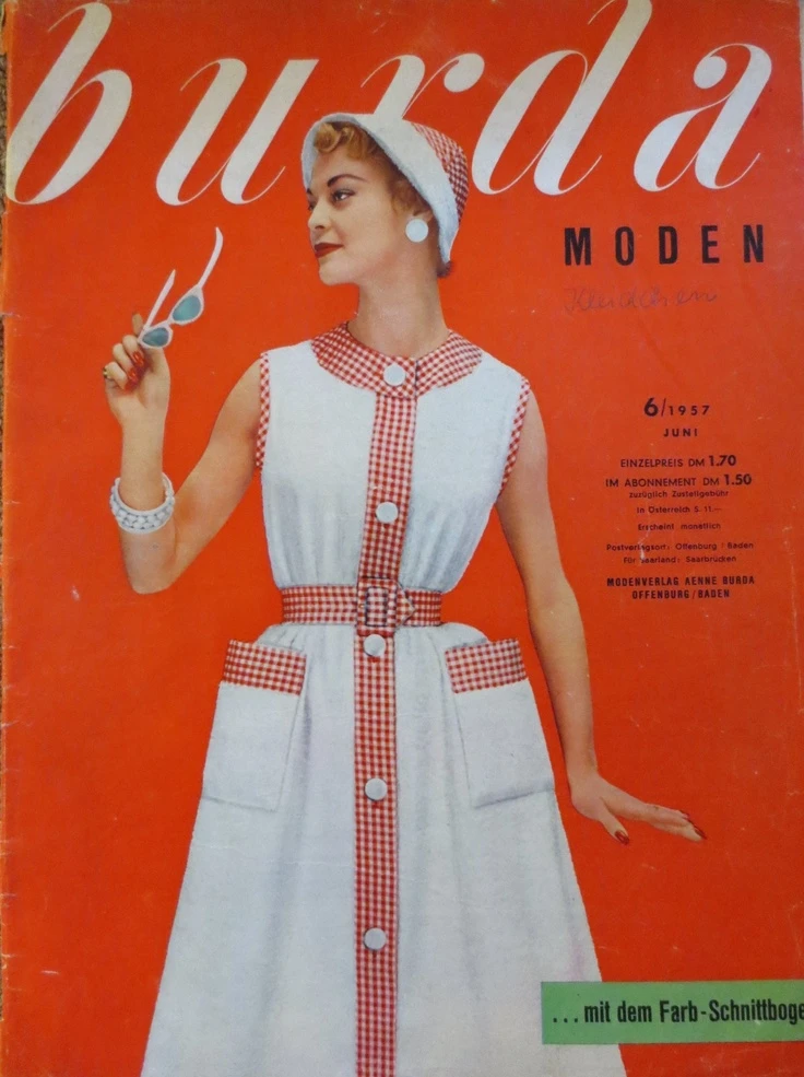 Обложки журнала "Burda Moden" за июнь: июнь 1957, июнь 1959, июнь 1960, июнь 1956, июнь 1964.