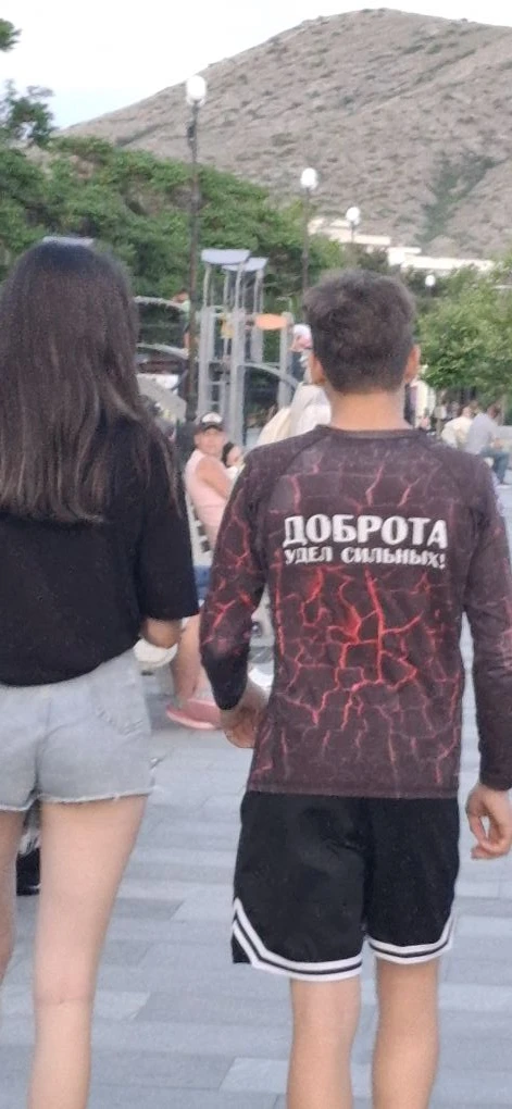 В битве идей побеждает не крик, а спокойствие. Увидела молодого парня в футболке с надписью 
«Доброт