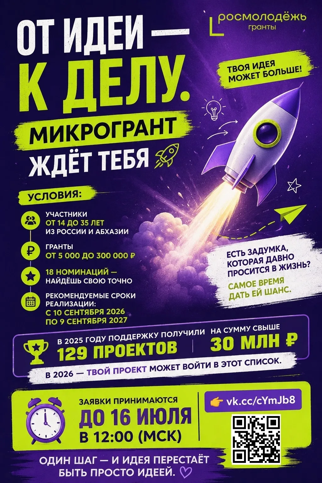🚀От идеи — к делу. Микрогрант ждёт тебя!

Есть задумка, которая давно просится в жизнь? Самое время