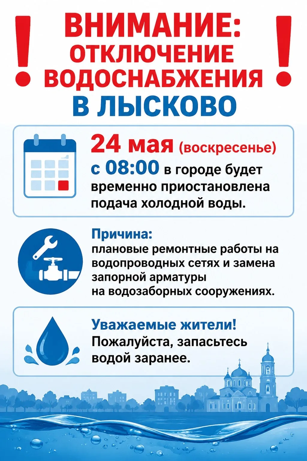 ❗ ВНИМАНИЕ: ОТКЛЮЧЕНИЕ ВОДОСНАБЖЕНИЯВ ЛЫСКОВО ❗                 
24 мая (воскресенье) с 08:00 в горо