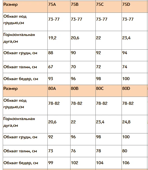 Размерная таблица.
