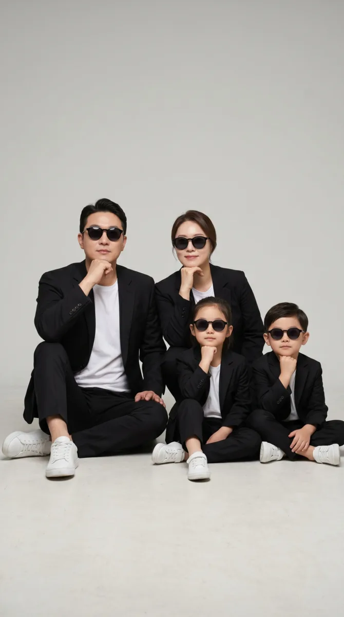 STRICTLY PRESERVE THE FACIAL FEATURES OF THE PEOPLE IN THE REFERENCE PHOTOS. Studio family portrait 