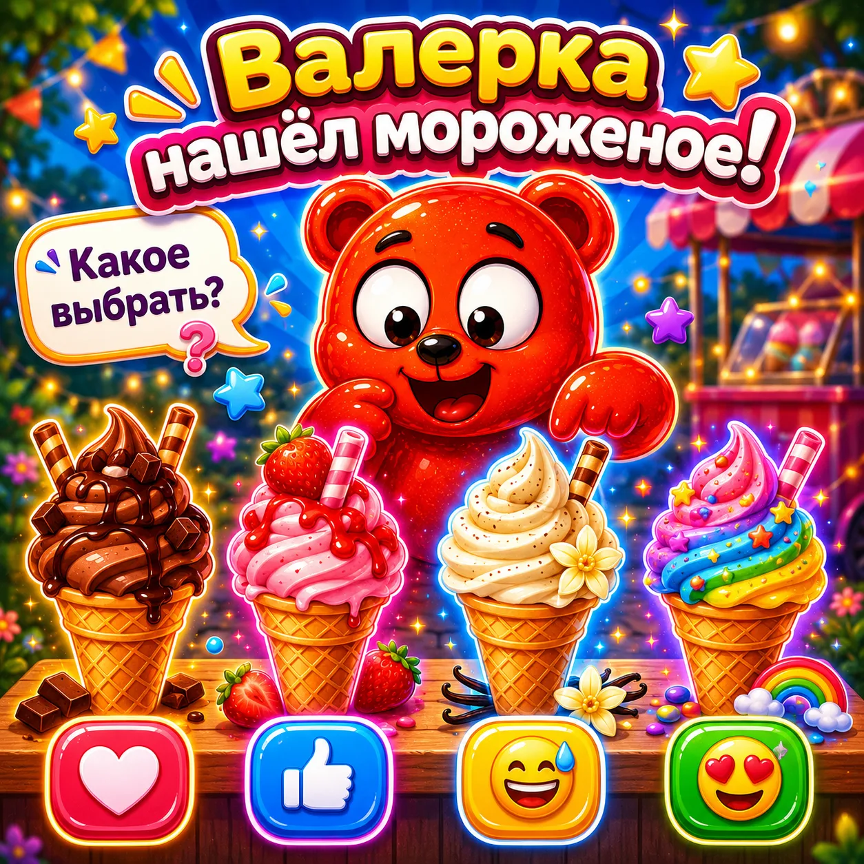 🍦🐻 Валерка нашёл мороженое!

Какое выбрать?

❤️ — Шоколадное
👍 — Клубничное
😅 — Ванильное
😍 — Р