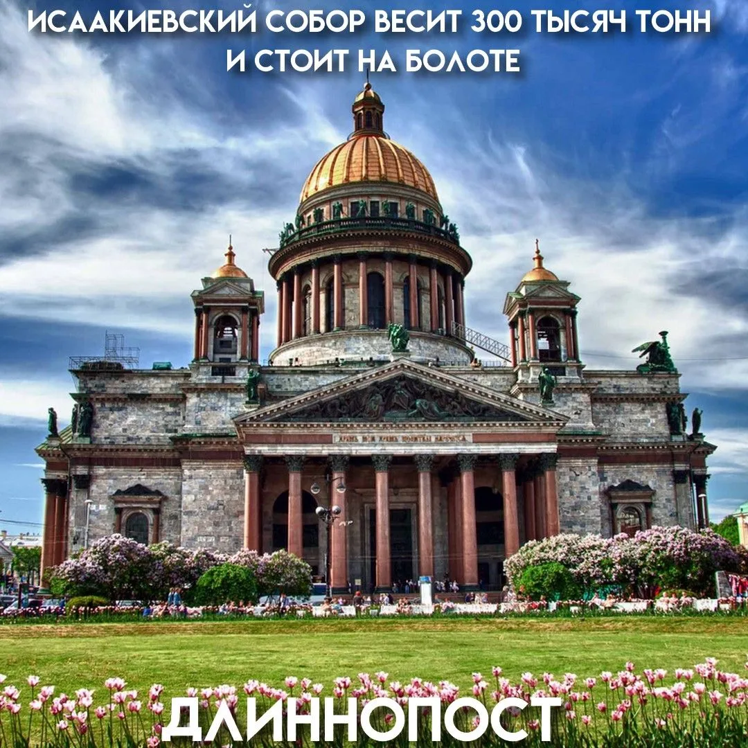Исаакиевский собор стоит на болоте — 24 тысячи сосновых свай не достают до твёрдой земли, а сам храм