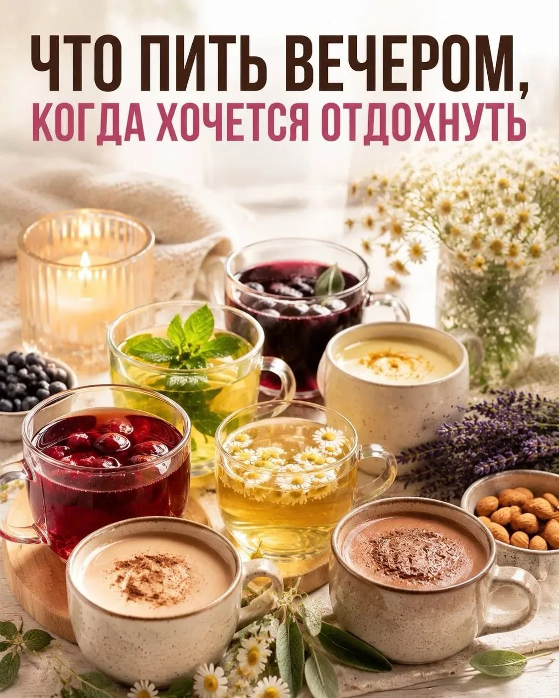 Что выпить вечером, когда хочется отдохнуть

🌿 Ромашка + лаванда
Тёплый травяной напиток без кофеин