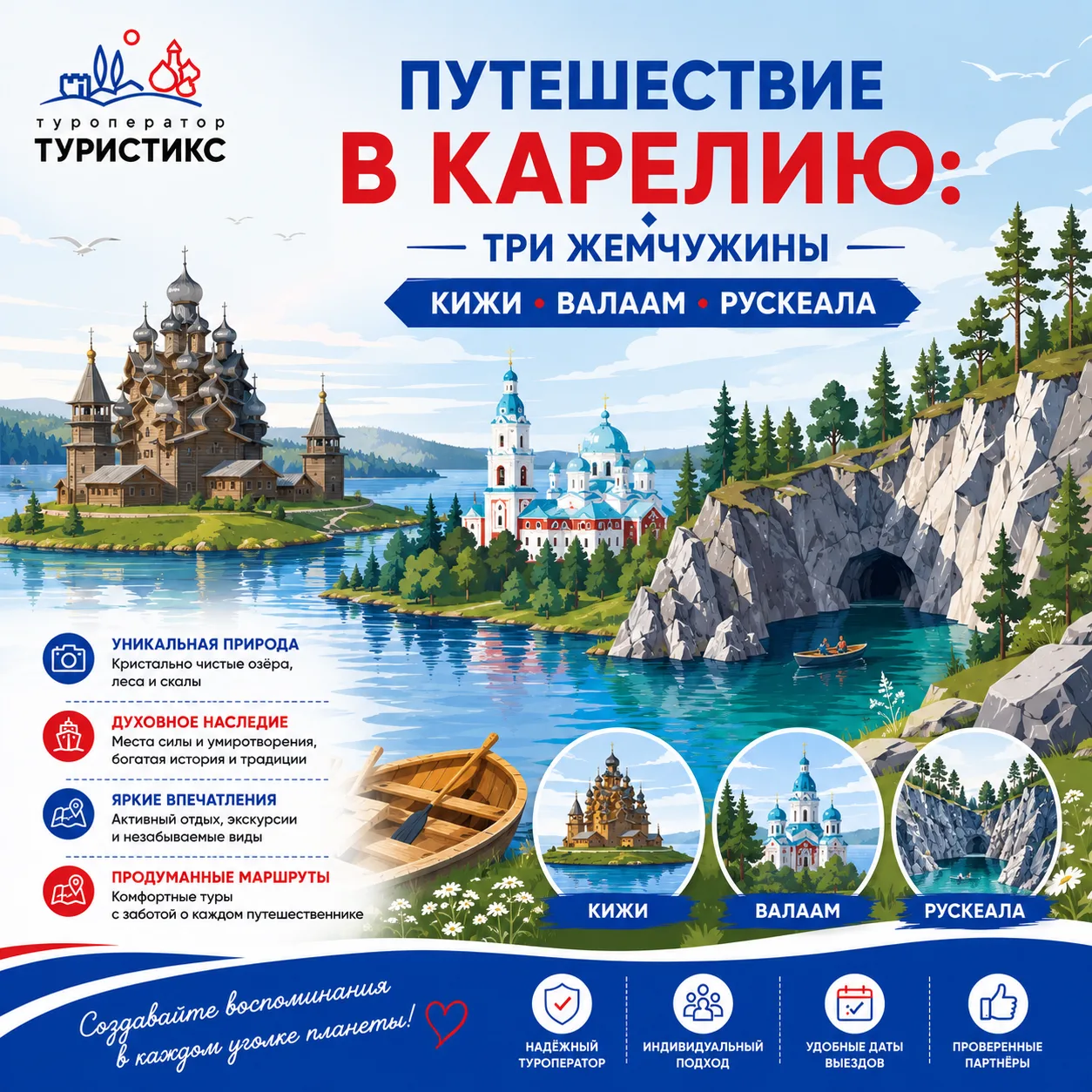 🏞 ПУТЕШЕСТВИЕ В КАРЕЛИЮ: ТРИ ЖЕМЧУЖИНЫ — КИЖИ, ВАЛААМ И РУСКЕАЛА

Карелия — это место, где северная