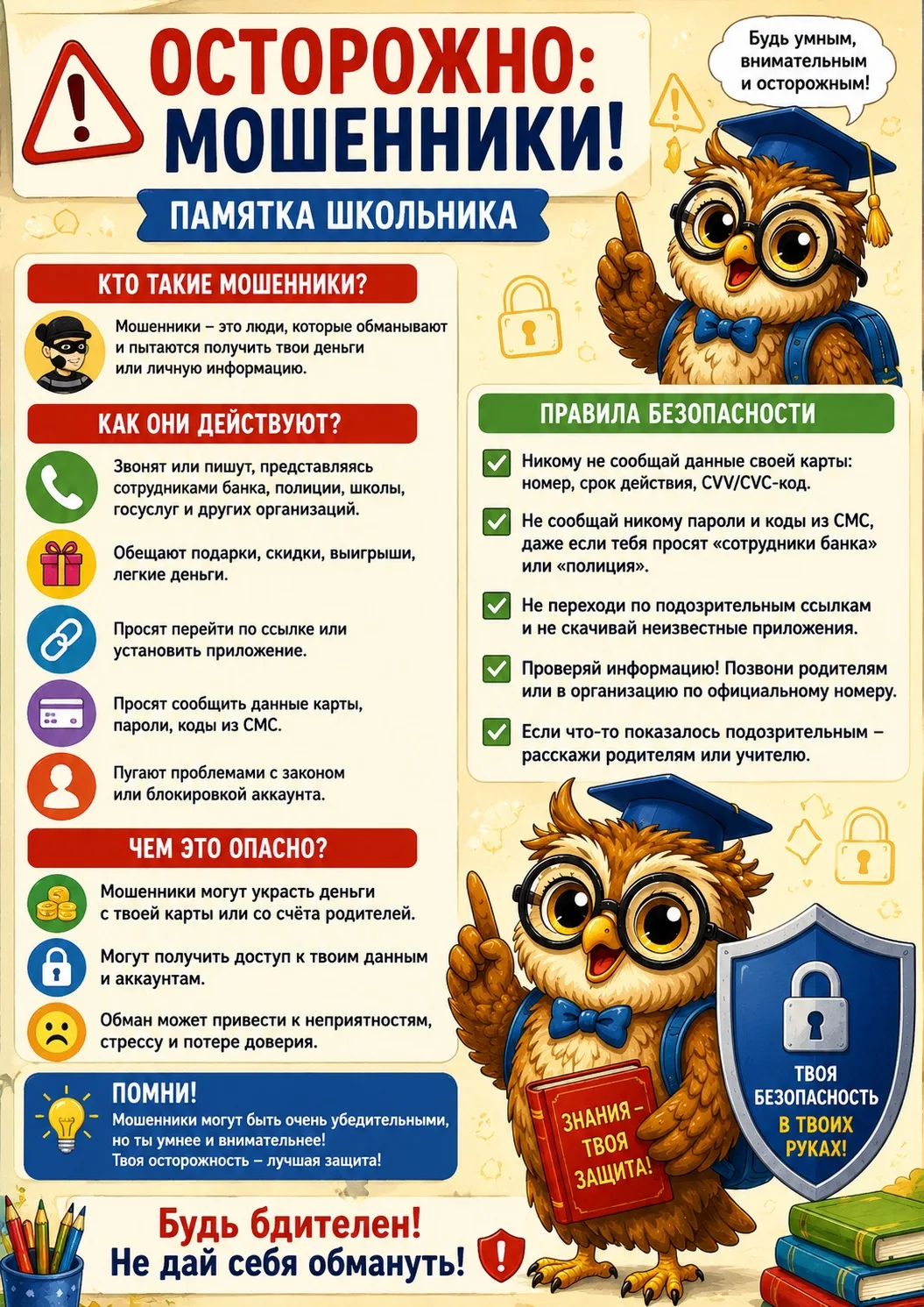 🦉 Привет, друзья!

На связи ваш школьный совёнок! Сегодня я хочу напомнить вам о важном — о безопас