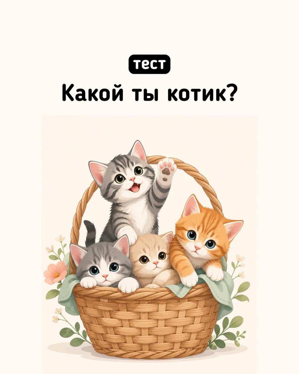 Какой ты котик? 🐾

Пройди тест «Какой ты котик?» и узнай, какой кошачий характер скрывается внутр