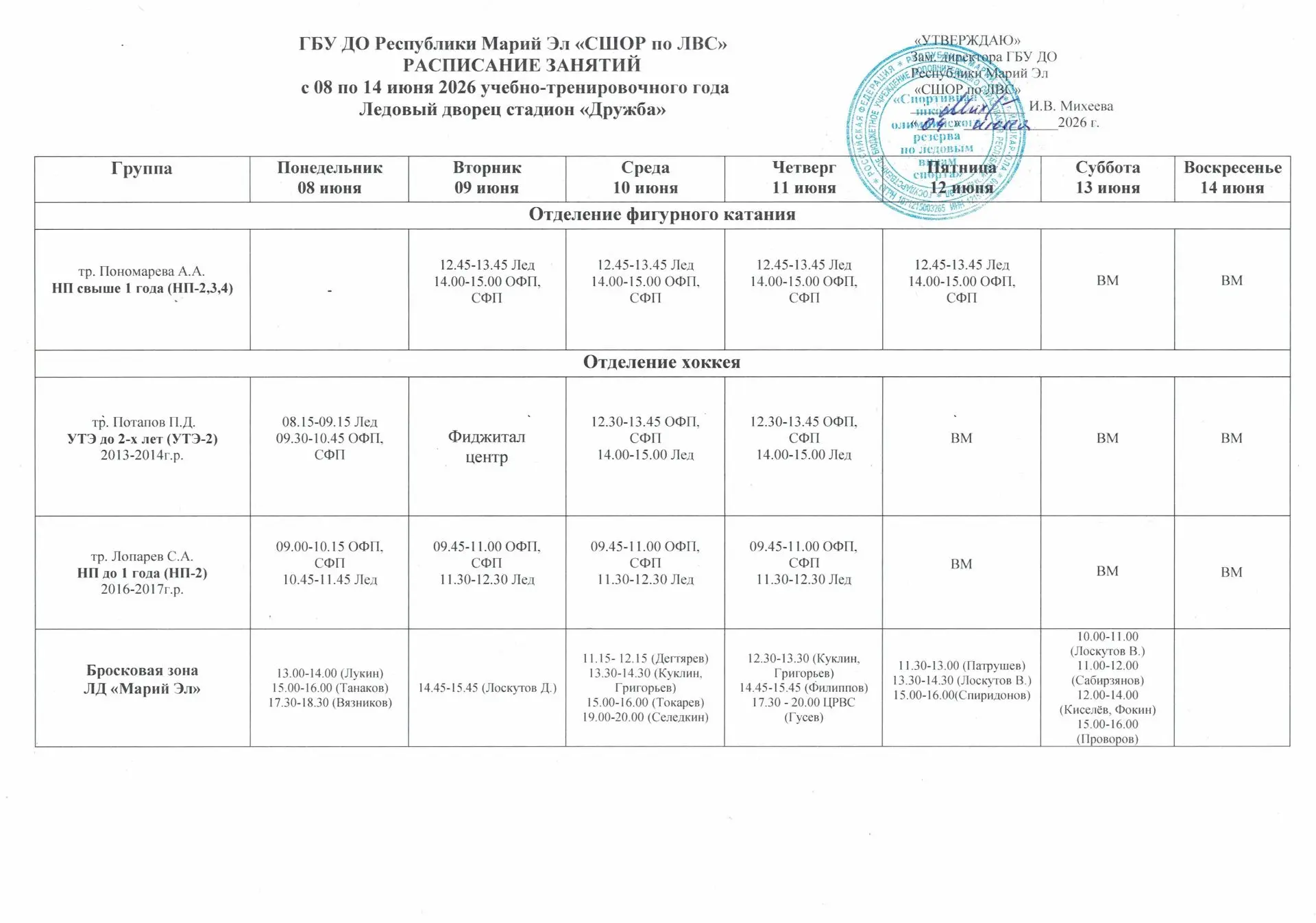 Расписание учебно-тренировочных занятий с 08 по 14 июня 2026 года