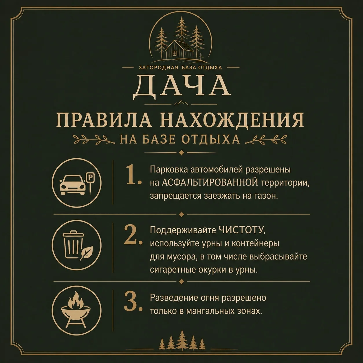 Уважаемые гости! 🌲

Просим вас внимательно относиться к правилам пребывания на территории. Они прос