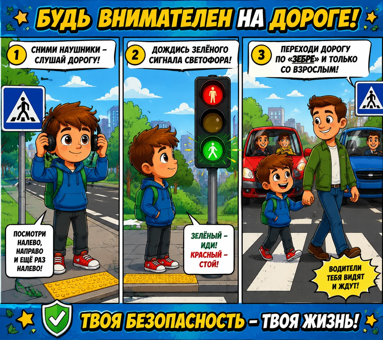 Внимание, дорога!
Маленький пешеход, запомни 3 главных правила:

Переходи только в положенном месте 