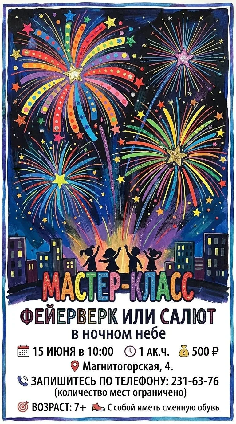 🎆 Фейерверк в ночном небе: взрыв цвета и творчества

Приглашаем ребят от 7 лет создать свой праздни