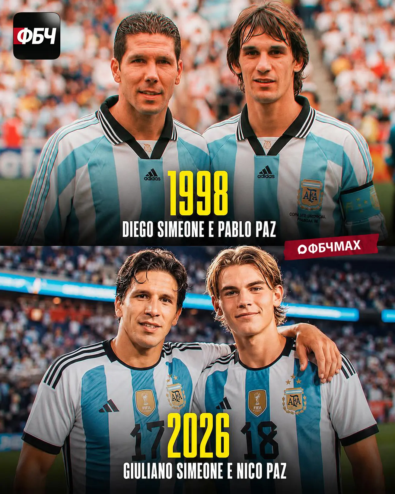 👏 СВЯЗЬ ПОКОЛЕНИЙ В СБОРНОЙ АРГЕНТИНЫ! 🇦🇷🧬

🔙 1998 год: Цвета национальной сборной вместе защищ
