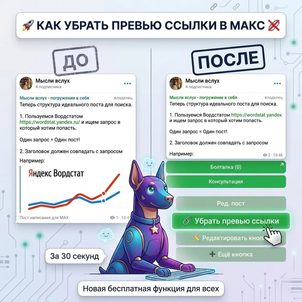 🚀 Как убрать превью (предпросмотр) ссылки в посте в МАКС

Это новая БЕСПЛАТНАЯ функция для всех сег