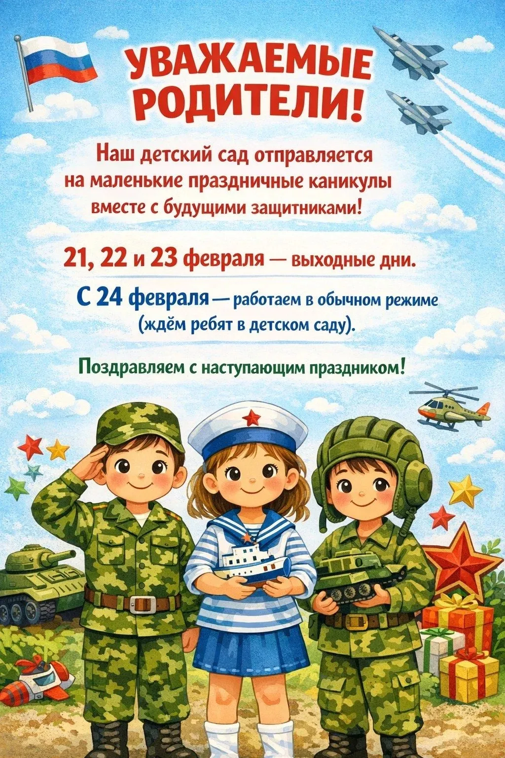 Информация о праздничных днях
‎
‎Уважаемые родители, напоминаем график работы детского сада:
‎• 21, 