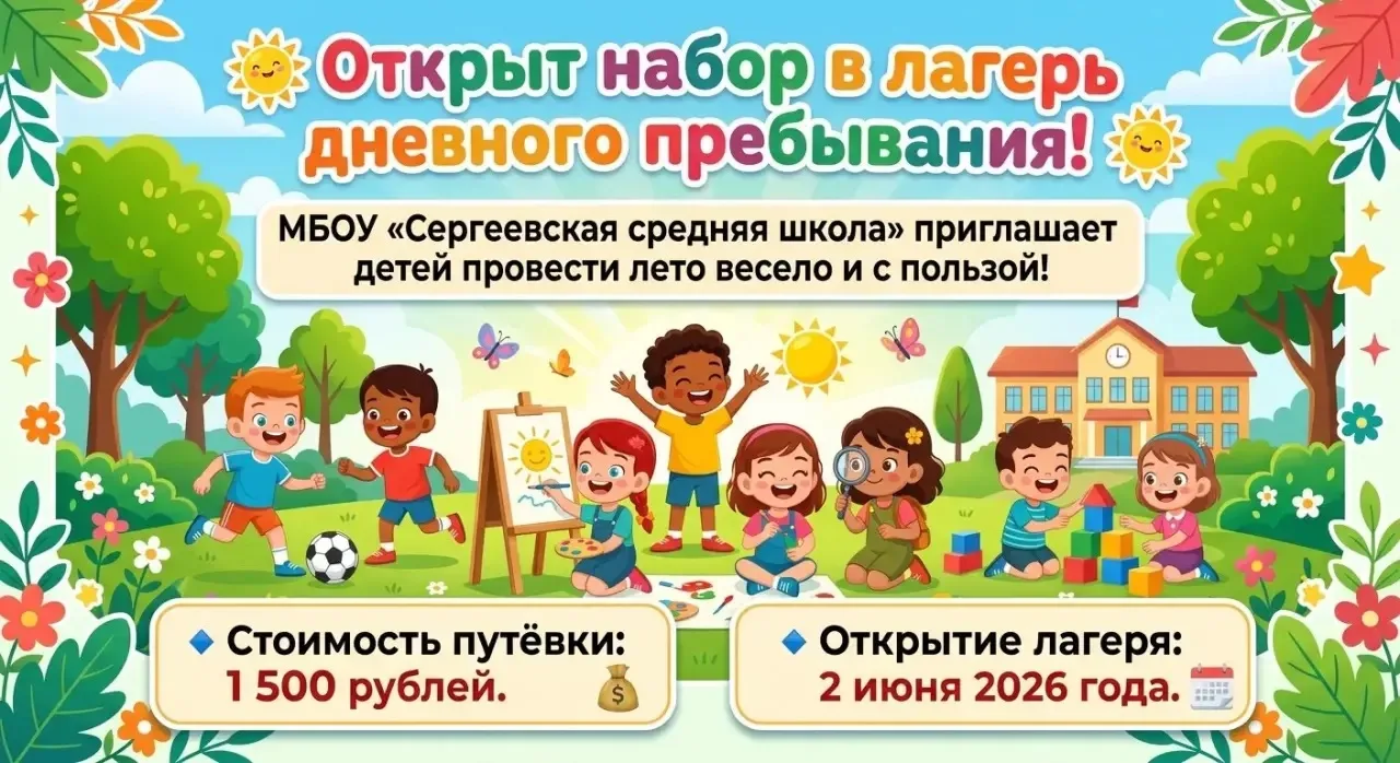 🎉 Внимание, родители! 🎉
Открыт набор в лагерь дневного пребывания при МБОУ «Сергеевская СШ»!

Что 