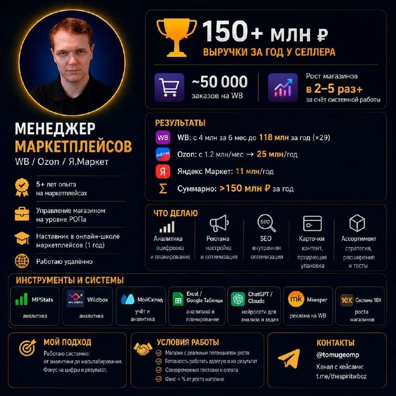 #менеджер

Георгий

Контактные данные:
Телеграм: https://t.me/tomugeomp

🕹Маркетплейс: WILDBERRIES
