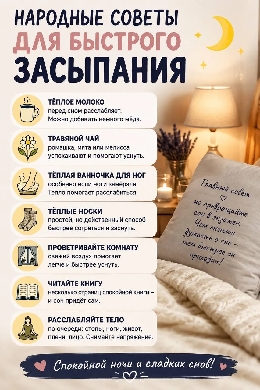 😴 КАК БЫСТРО УСНУТЬ?

Бывает, весь день мечтаешь о кровати, а как только голова касается подушки — 
