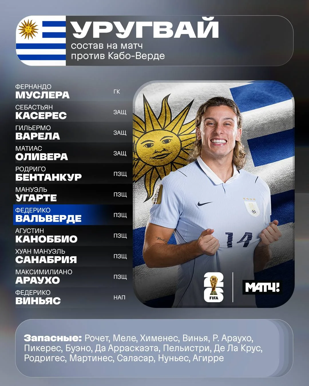 🇺🇾🇨🇻 Стартовые составы на матч Уругвай – Кабо-Верде. Смотри трансляцию встречи в 00:40 с подписк