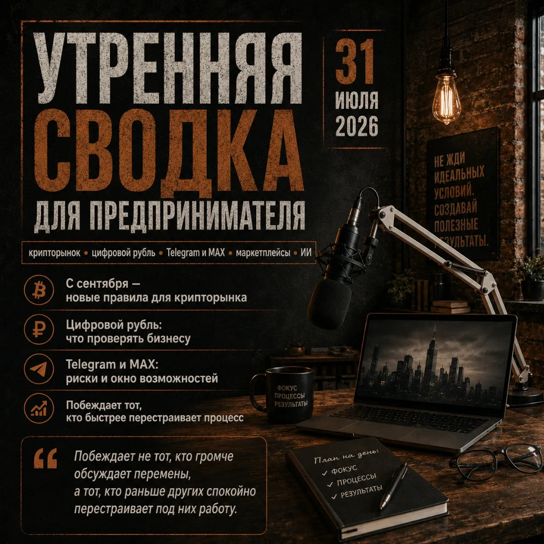 ☕ УТРЕННЯЯ СВОДКА ПРЕДПРИНИМАТЕЛЯ

31 июля 2026 | деньги • платформы • ИИ • ритейл

Побеждает не
