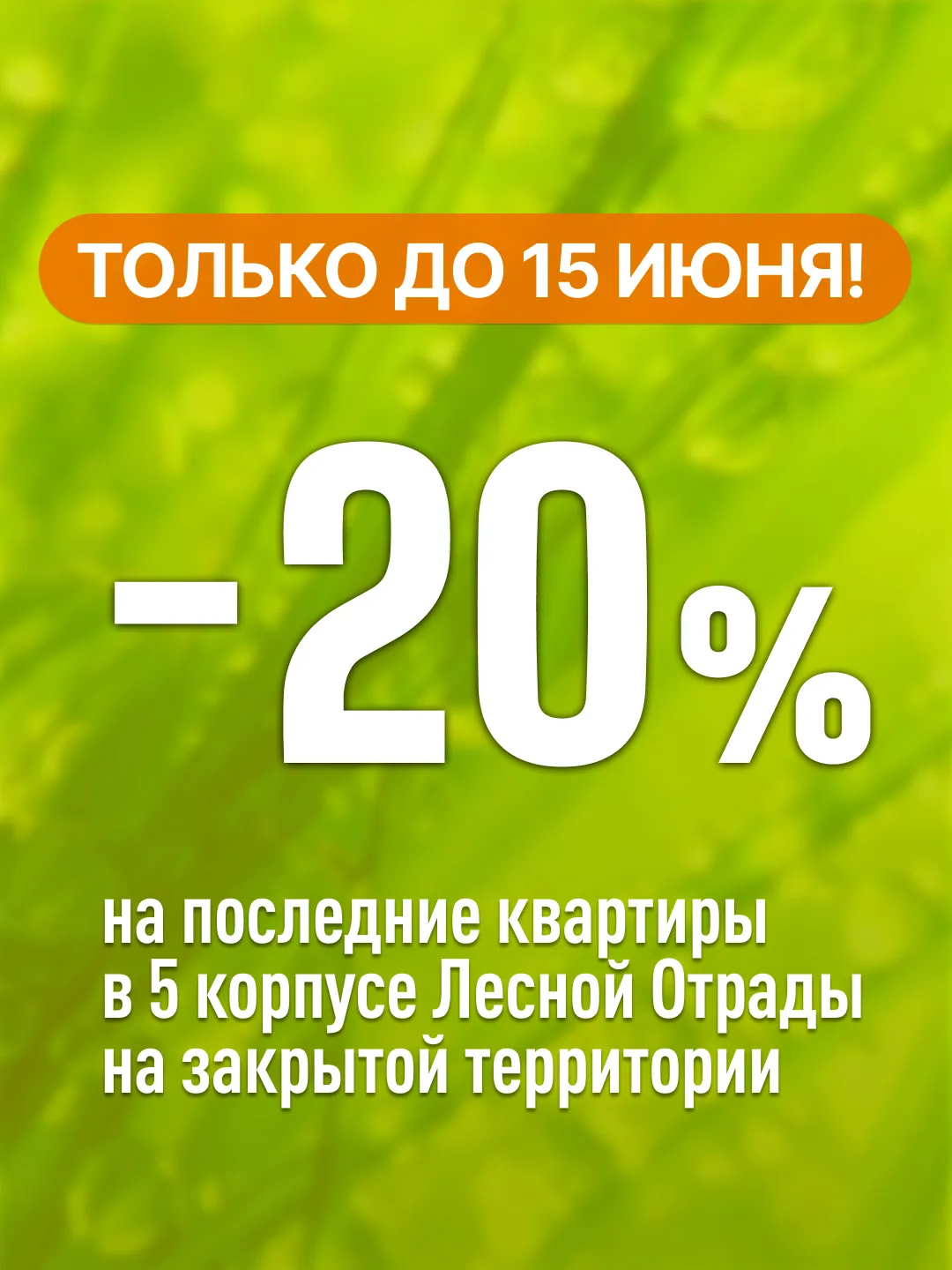 ⚡ Дарим праздничную скидку 20% на избранные лоты в Лесной Отраде!

Только до 15 июня действует специ