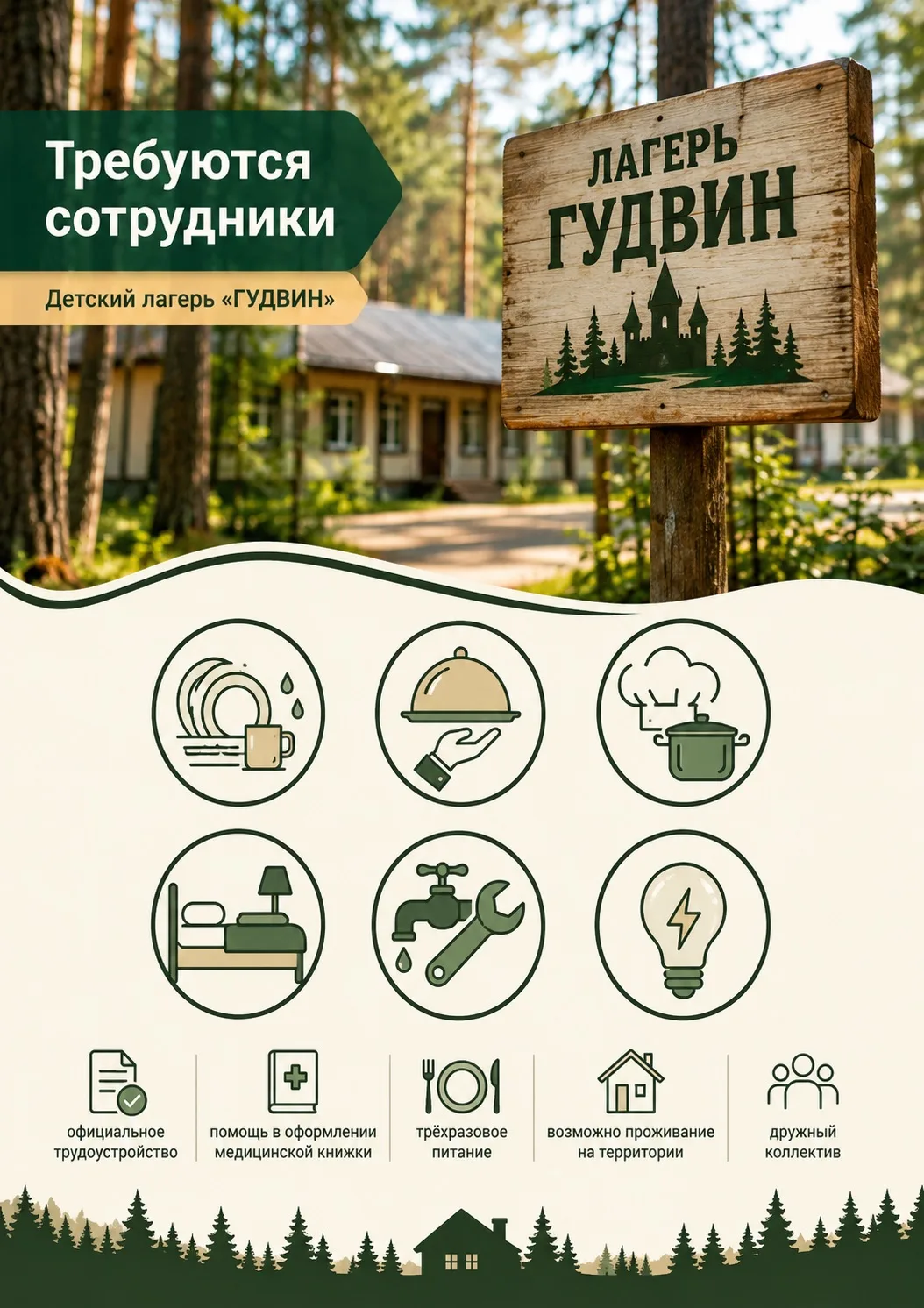 Вот более аккуратно и привлекательно оформленный вариант объявления:
В детский лагерь «Гудвин», расп