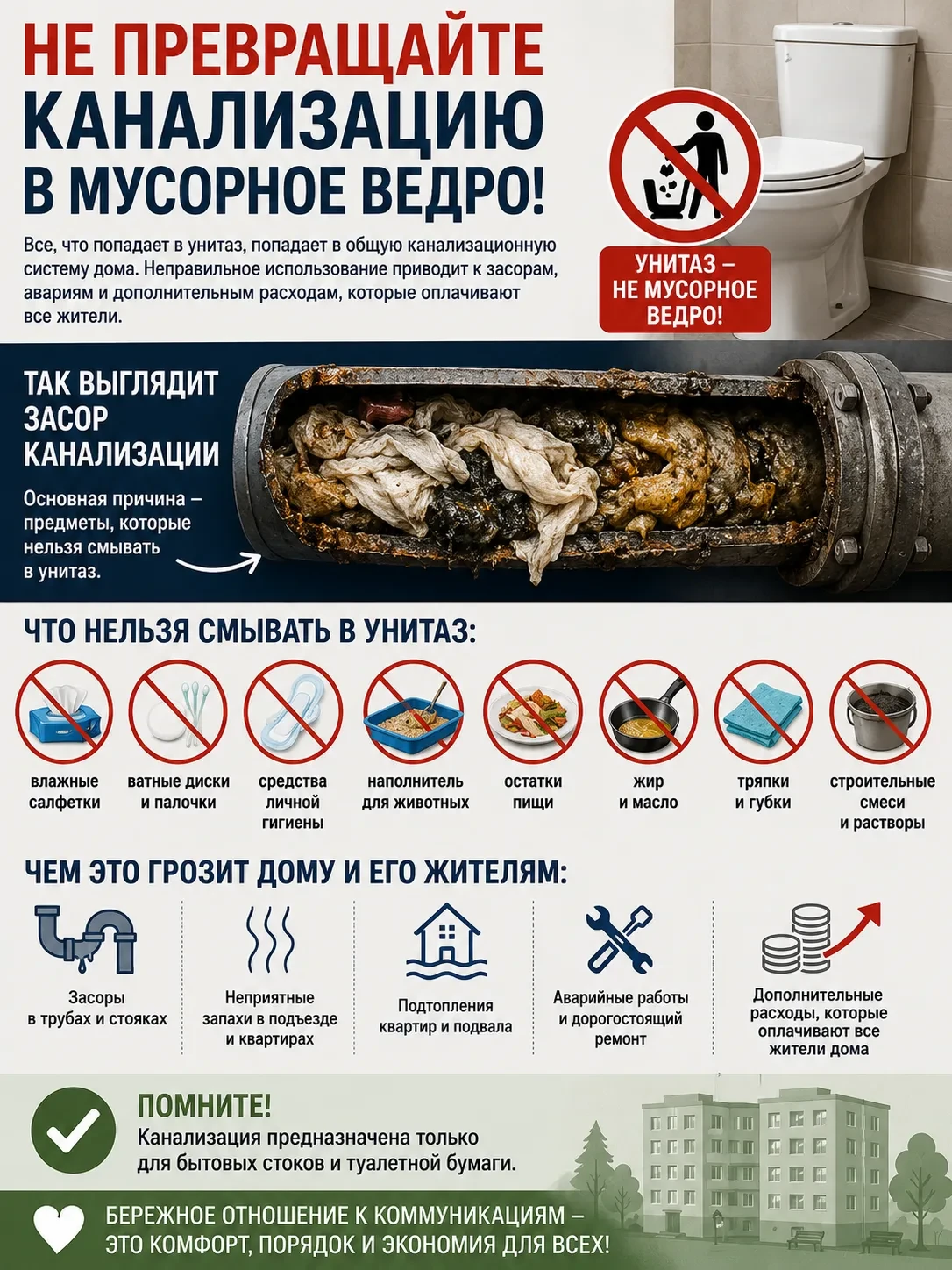 🚽 Что нельзя смывать в унитаз и почему за это платят все жители дома?

Многие считают, что канализа