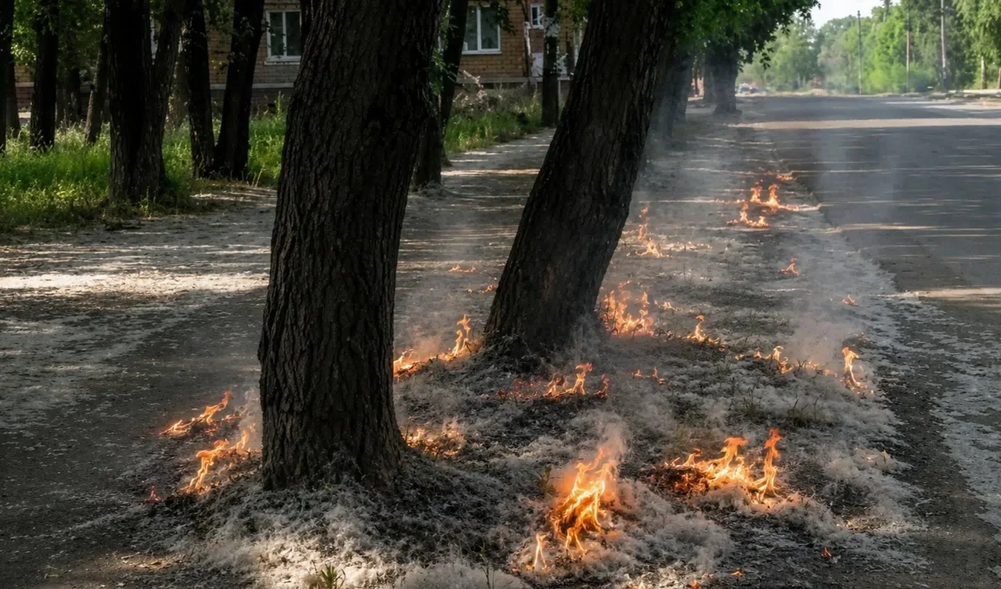 Белый и пушистый, но пожароопасный

🔥 Тополиный пух вспыхивает, как спичка. Достаточно одного неакк