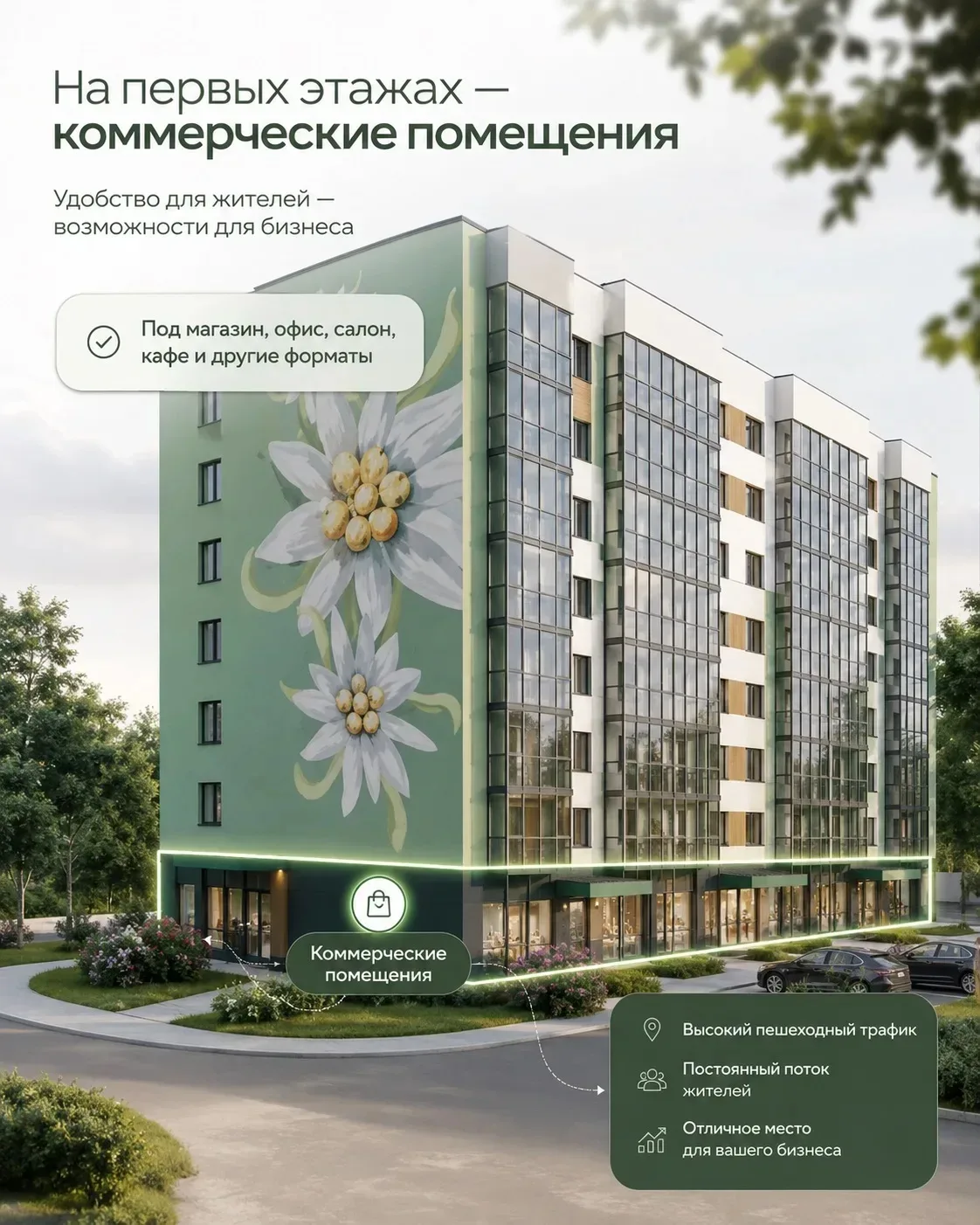 🏢 В строящемся ЖК «Эдельвейс» на первых этажах предлагаются к продаже нежилые (коммерческие) помеще