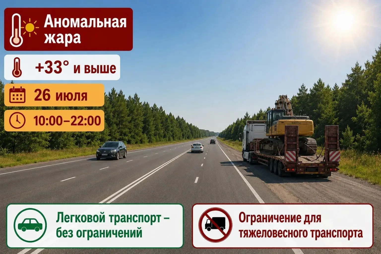 ⚠️ Аномальная жара: временно ограничено движение тяжеловесного транспорта
 
С 26 по 29 июля в отдель