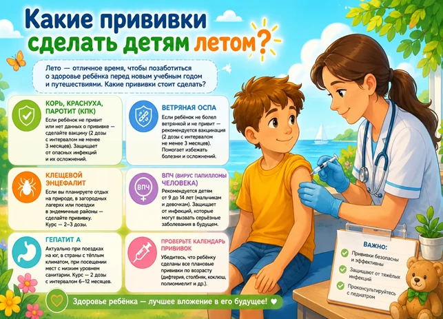 Какие прививки сделать детям летом
 
Лето – подходящее время для вакцинации детей, так как в этот пе