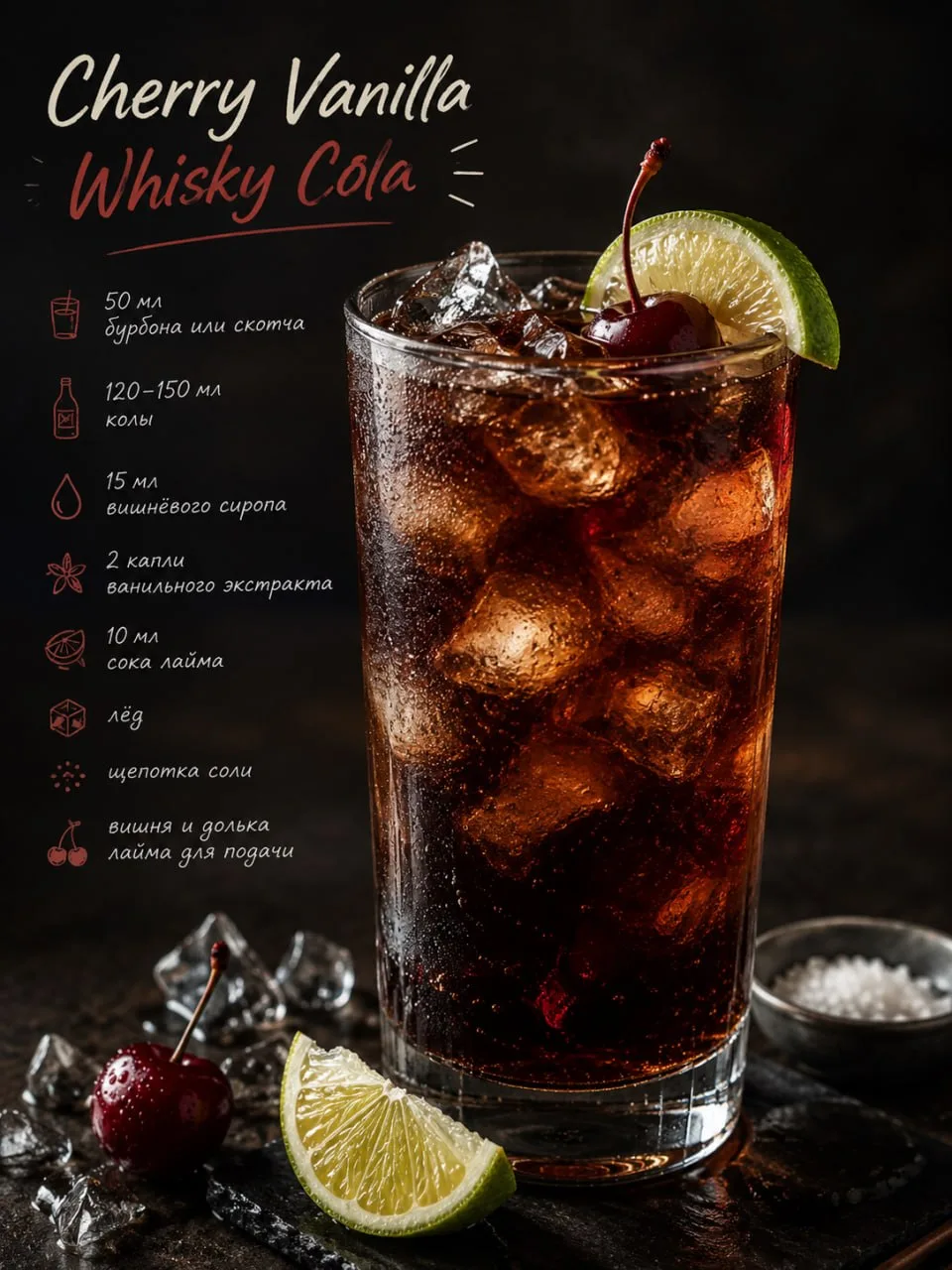 🍒 Cherry Vanilla Whisky Cola ✨

🌫 Дымный, вишнёвый, ванильный. Не просто виски-кола — это новый ур