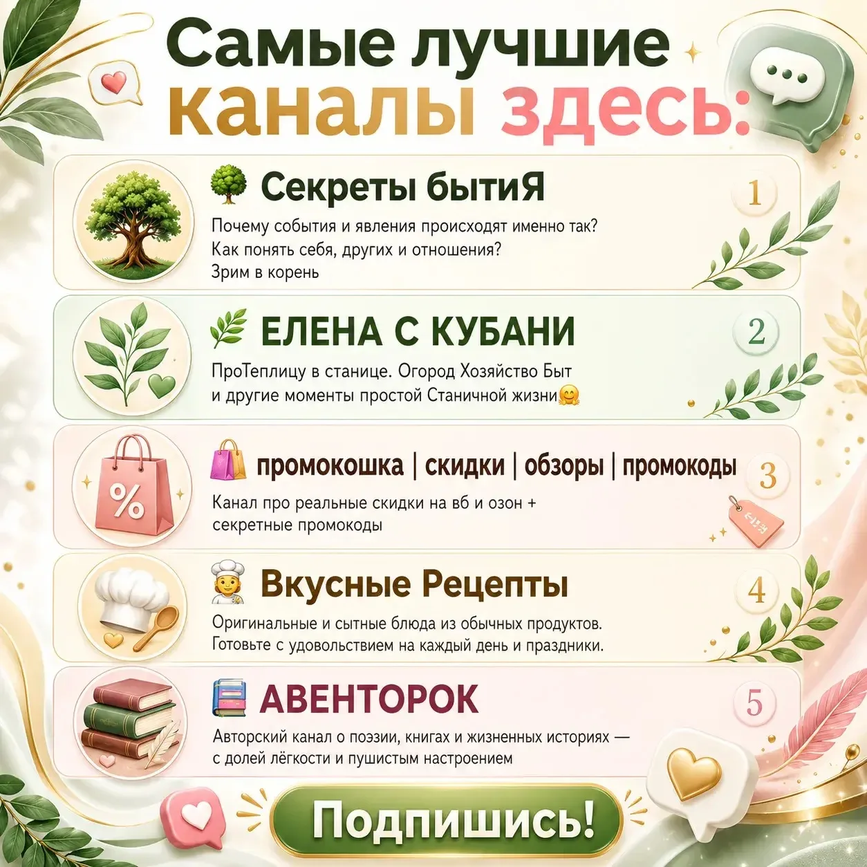 Самые лучшие каналы здесь:

🌳 Секреты бытиЯ 

Почему события и явления происходят именно так? 
Как 