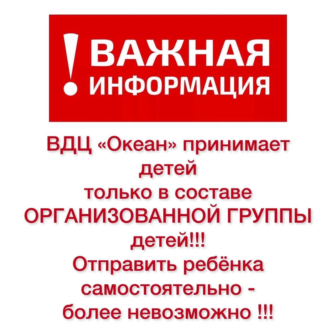 ❗️Важно! ВДЦ «Океан» принимает детей только в составе организованной группы! Отправить ребёнка в дан