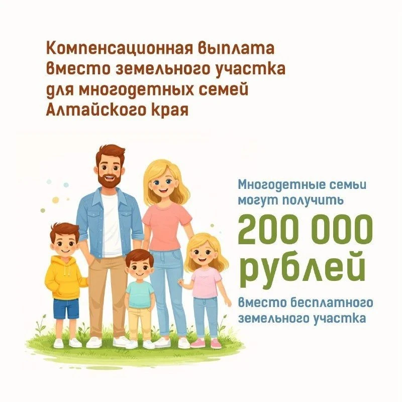 👶🧒👧👦Многодетный семьи Алтайского края могут получить 200 тысяч рублей вместо бесплатного земельн