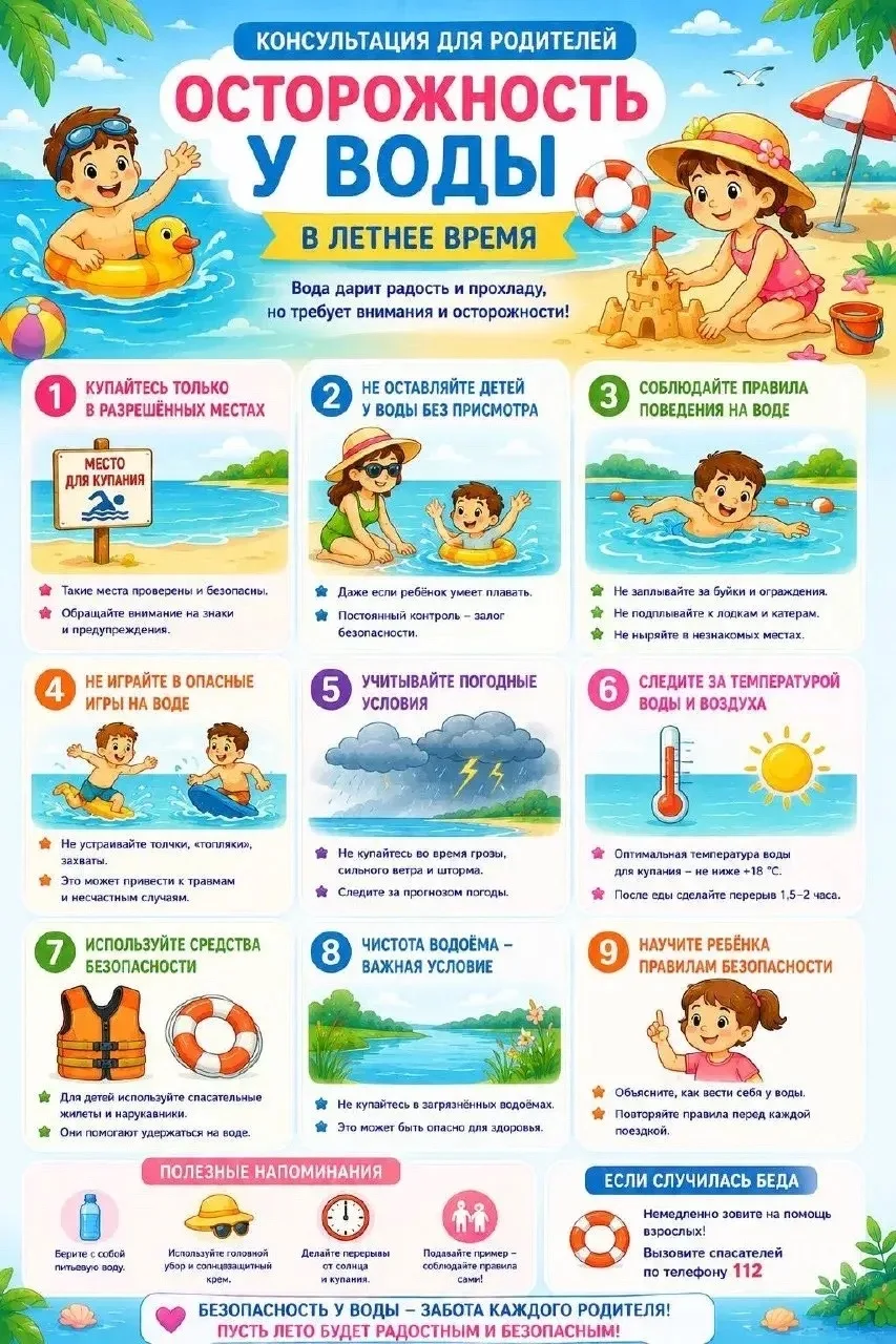 Летний сезон — безопасно и весело! ☀️
Дорогие родители!
Лето — пора ярких впечатлений, прогулок, игр