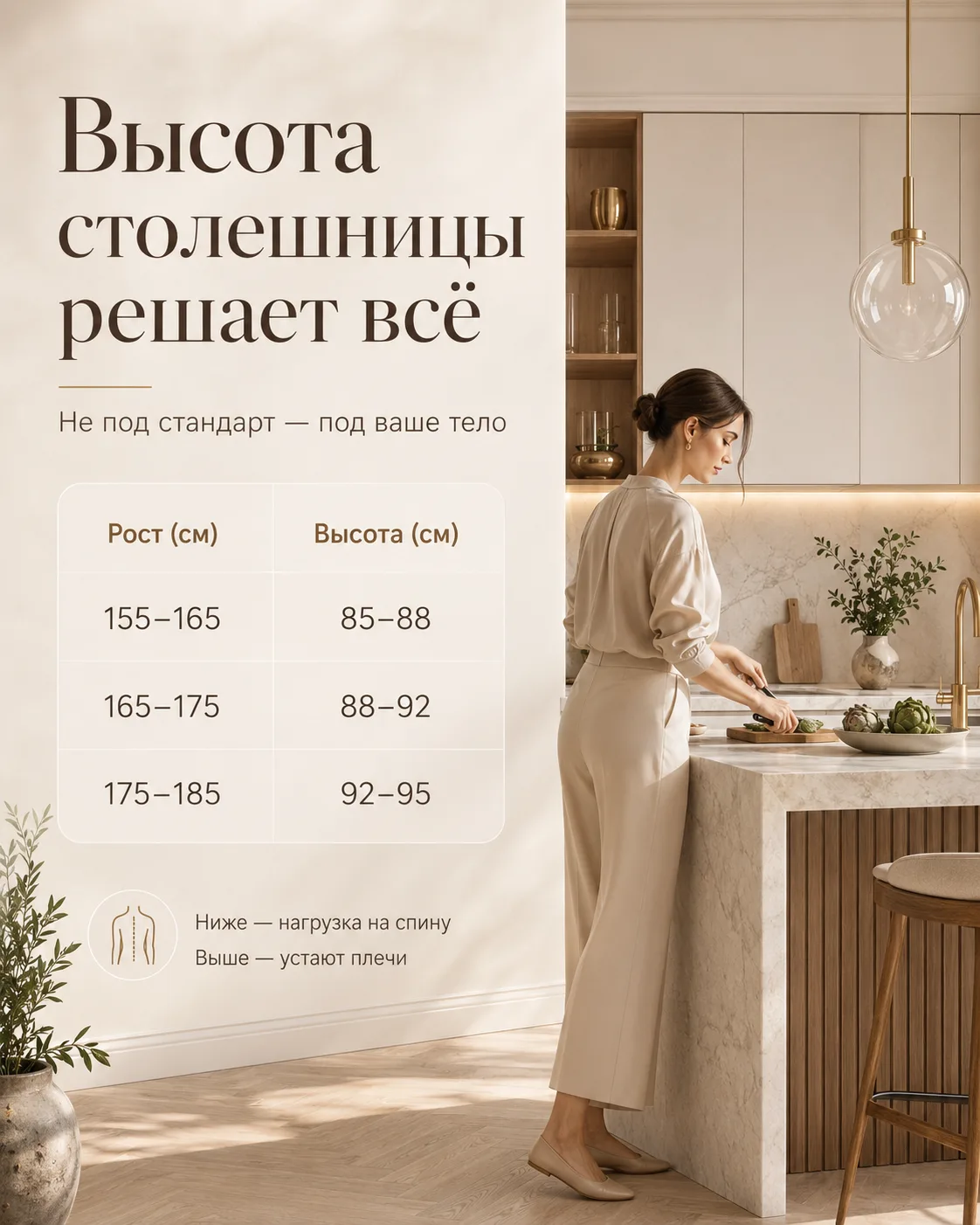 Высота столешницы на кухне — это не просто «как обычно делают». От неё напрямую зависит, насколько у
