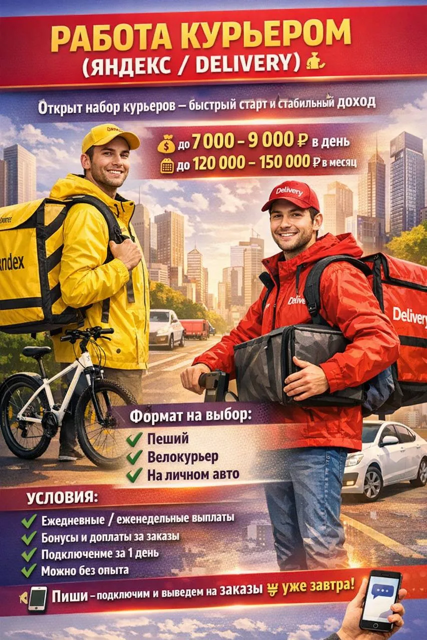 🚴 РАБОТА КУРЬЕРОМ (ЯНДЕКС / DELIVERY) 🚴

🔥 Открыт набор курьеров — быстрый старт и стабильный дох