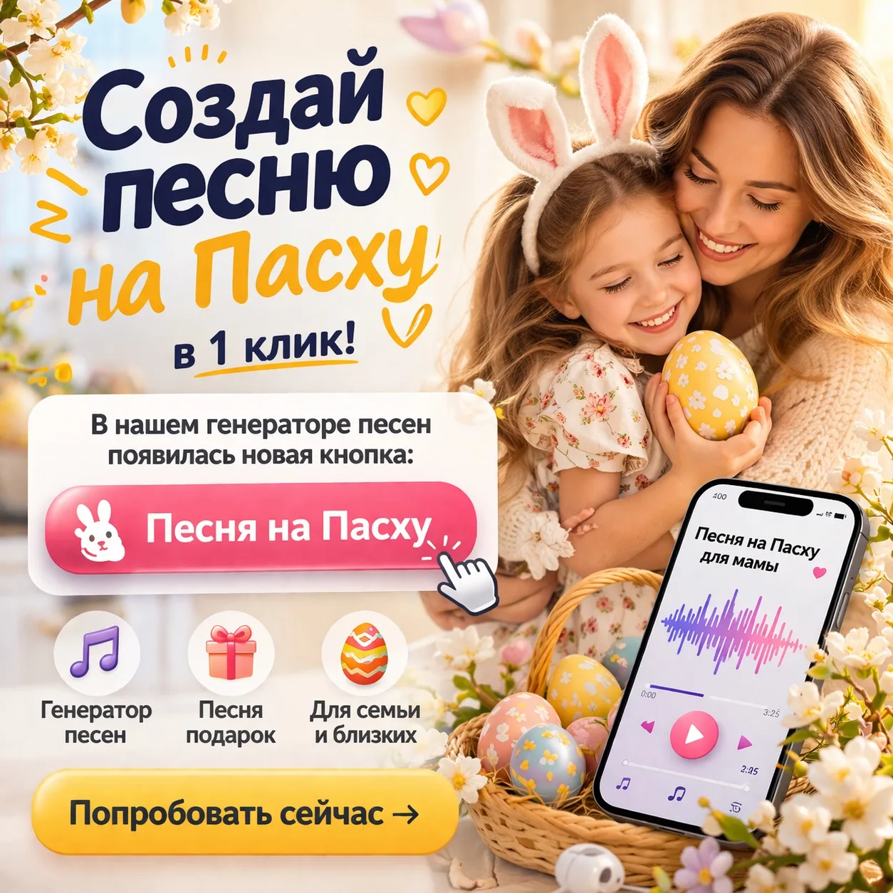 🐣 Создать песню на Пасху — лучший подарок в 2026 году

Не знаешь, что подарить на Пасху?
Сделай то,