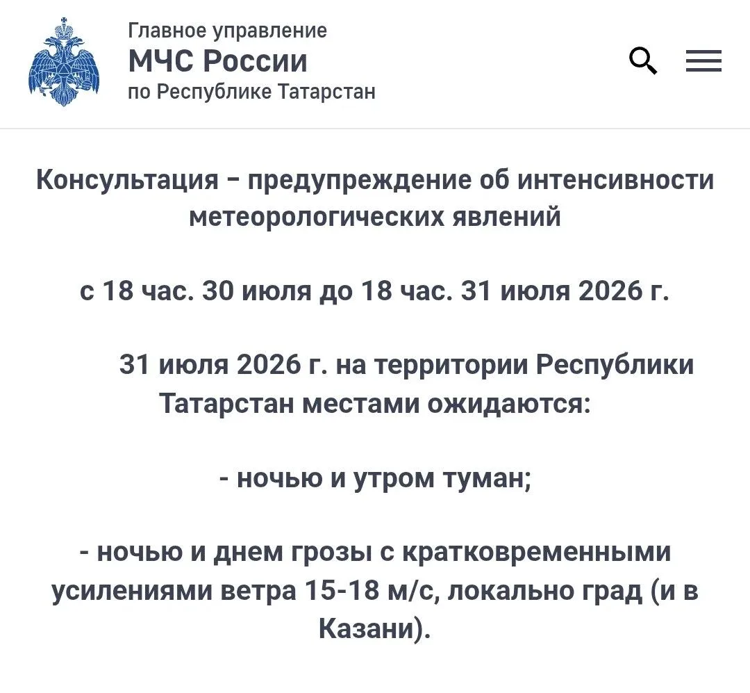 ⛈️ МЧС предупреждает: Завтра в Татарстане местами ожидаются грозы с усилениями ветра до 18 м/с, тума