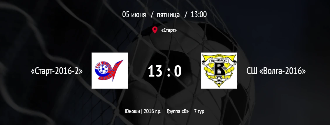 ДВОЙНАЯ ПОБЕДА! «СТАРТ» — ЭТО СИЛА! 

 «Старт-2016-2»
Группа «Б» | Юноши 2016 г.р.
 13 : 0 
Против С