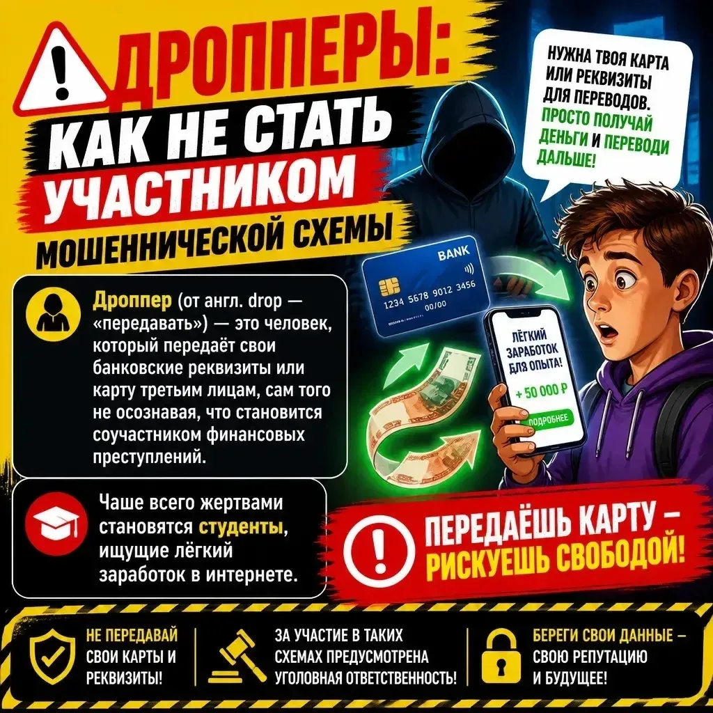 ⚠️ Дропперы: как не стать участником мошеннической схемы
Дроппер (от англ. drop — «передавать») — эт