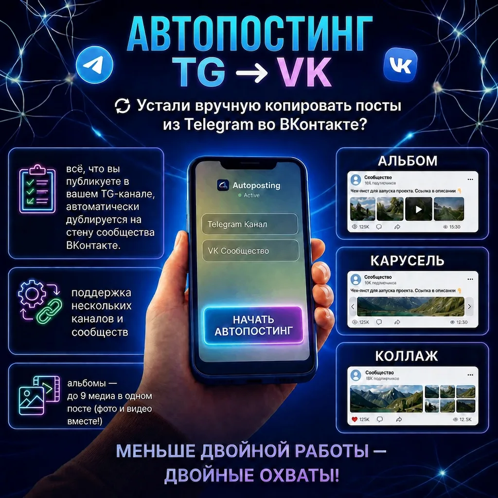 🔄 Устали вручную копировать посты из Telegram во ВКонтакте?

Потеря времени, сбитое форматирование,