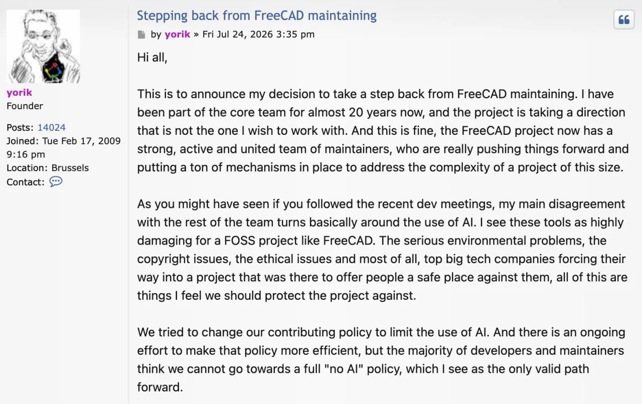 Ветеран FreeCAD бросил проект своей жизни из-за нейросетей

Разработчики открытого ПО продолжают свя
