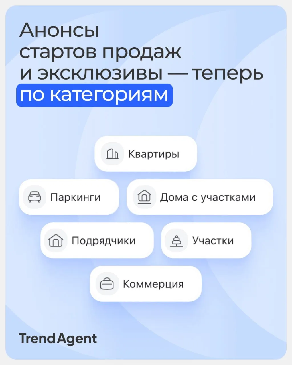 Новый релиз: анонсы стартов продаж и блок «Эксклюзивно на TrendAgent» теперь разделены по категориям