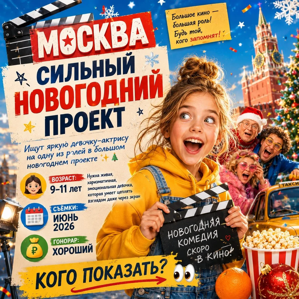 🎬 МОСКВА | СИЛЬНЫЙ НОВОГОДНИЙ ПРОЕКТ
Ищут яркую девочку-актрису на одну из ролей в большом новогодн
