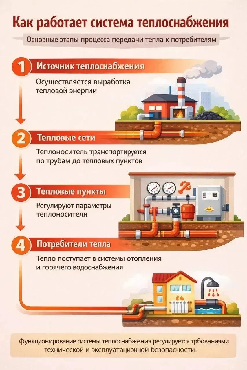 Как работает система теплоснабжения

Система теплоснабжения предназначена для передачи тепловой энер
