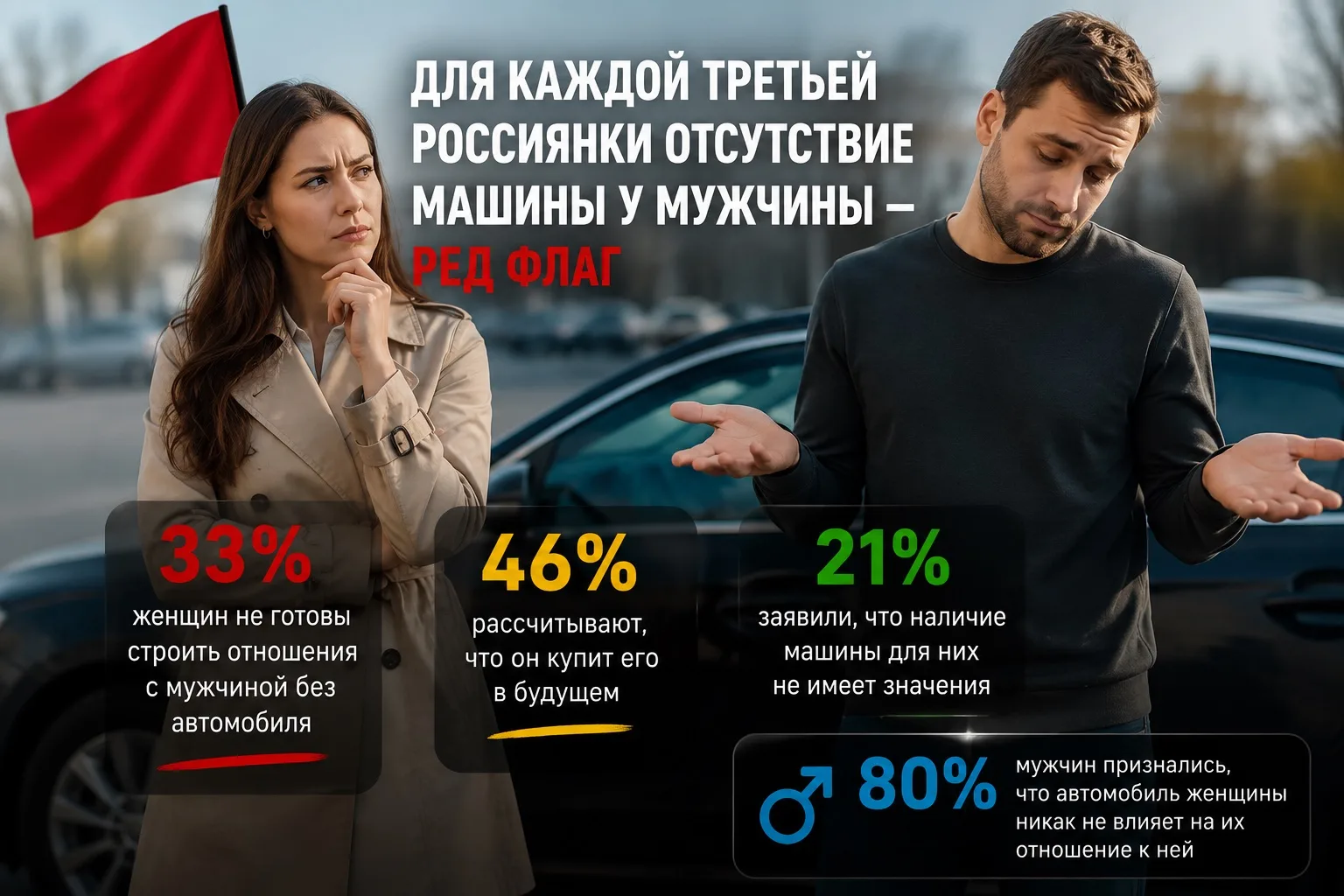 Для каждой третьей россиянки отсутствие машины у мужчины — ред флаг.

Согласно опросу, 33% женщин не